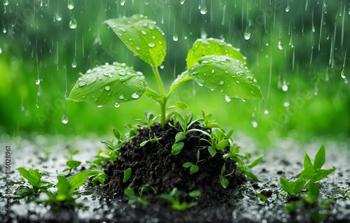 Fresh Newborn Green Plant In The Rain, Green Environment Background With Copy Space