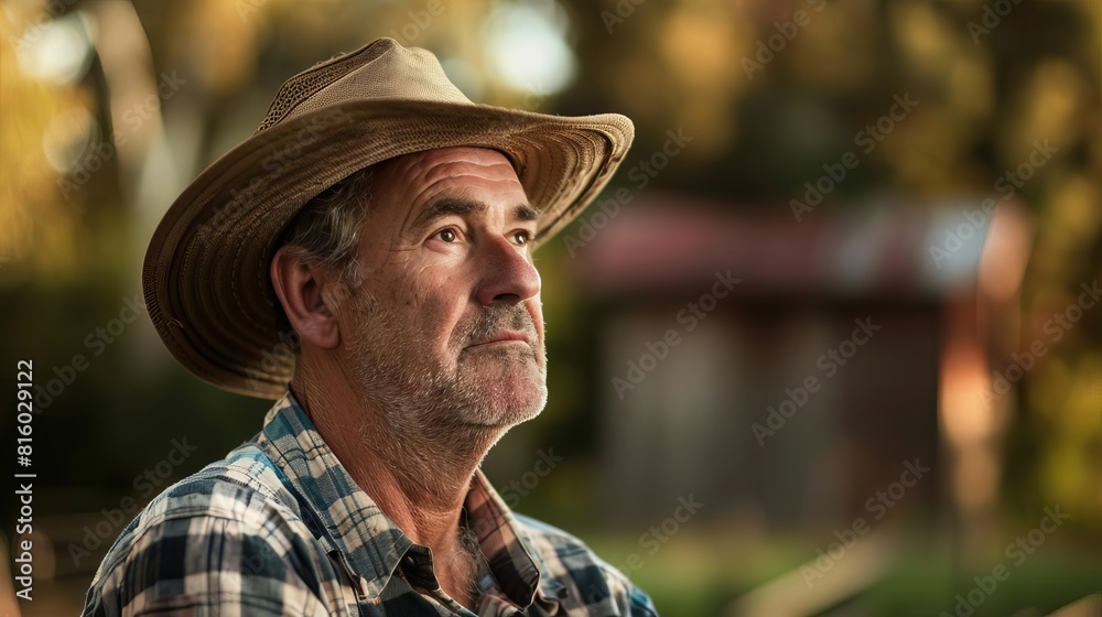 thoughtful middleaged male farmer gazing into distance agricultural lifestyle portrait photography