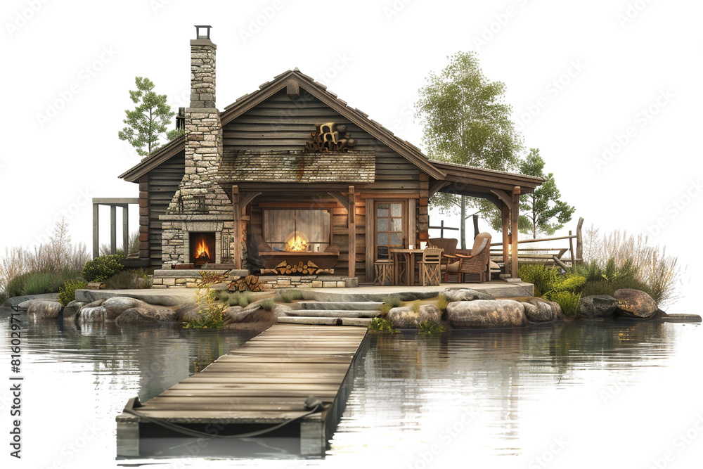A charming riverside cabin with a stone fireplace, cozy interior, and a dock extending into the calm waters, inviting relaxation and tranquility, against a solid white background.