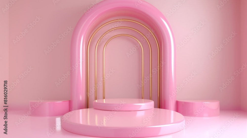 A modern, minimalist display featuring a series of pink arches and circular platforms. The background is a soft pink, creating a vibrant and playful atmosphere. The arches are outlined in gold A modern, minimalist display featuring a series of pink arches and circular platforms. The background is a soft pink, creating a vibrant and playful atmosphere. The arches are outlined in gold