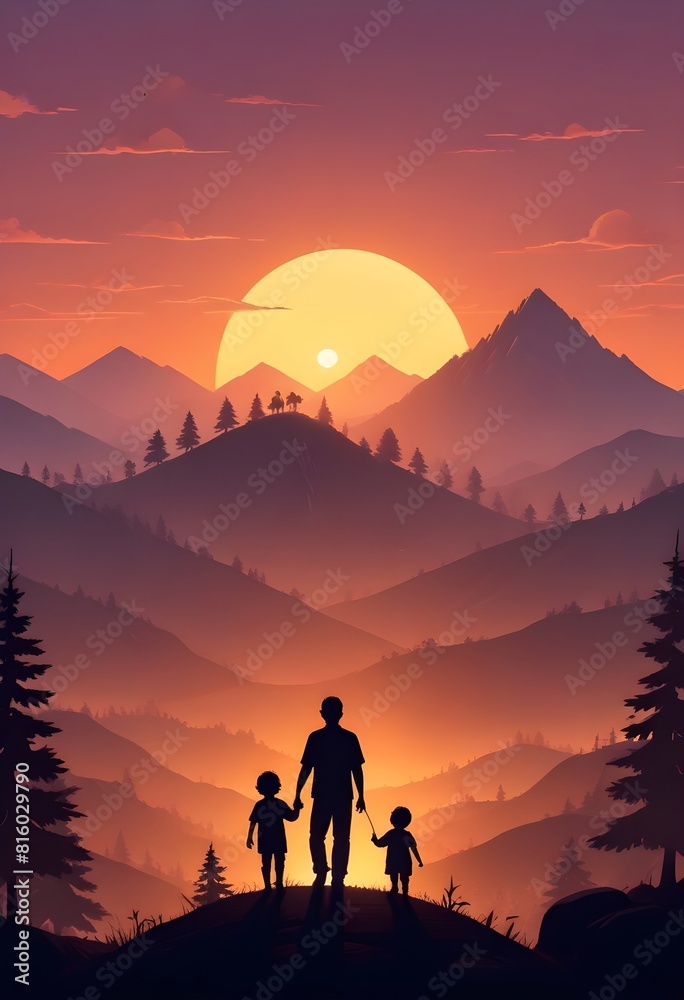 Fototapeta premium A man and children holding hands with mountains in the background vector art illustration