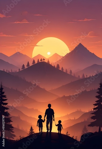 A man and children holding hands with mountains in the background vector art illustration