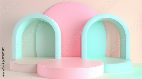 A pastel-colored abstract geometric background featuring arches and circular platforms in soft pink and mint green hues © Sohaib q