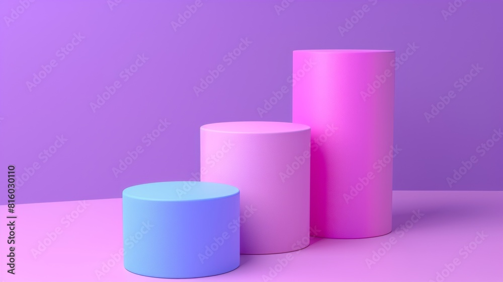 Three colorful cylindrical podiums of different heights on a pink and purple background Three colorful cylindrical podiums of different heights on a pink and purple background