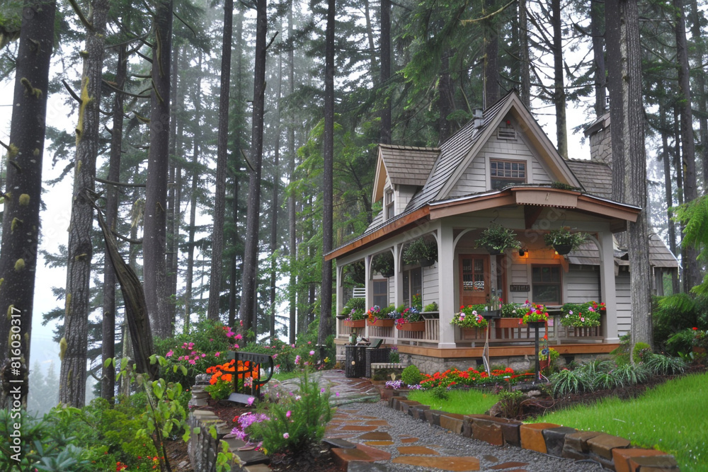A charming cottage nestled among tall trees, with a quaint porch