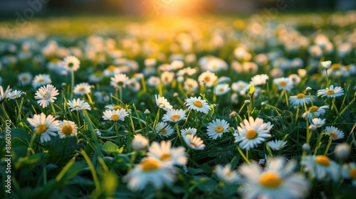 Many yellow and white daisies scattered across the grass photo