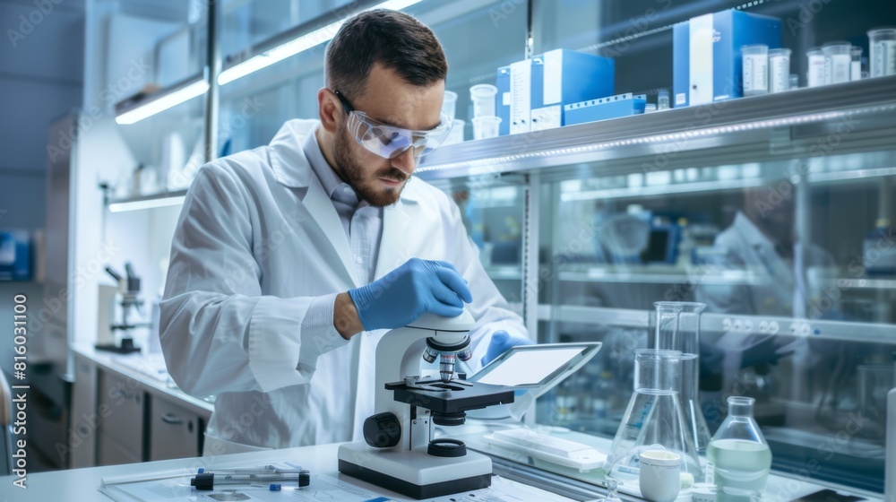 Researcher Analyzing Samples with Microscope Researcher Analyzing Samples with Microscope