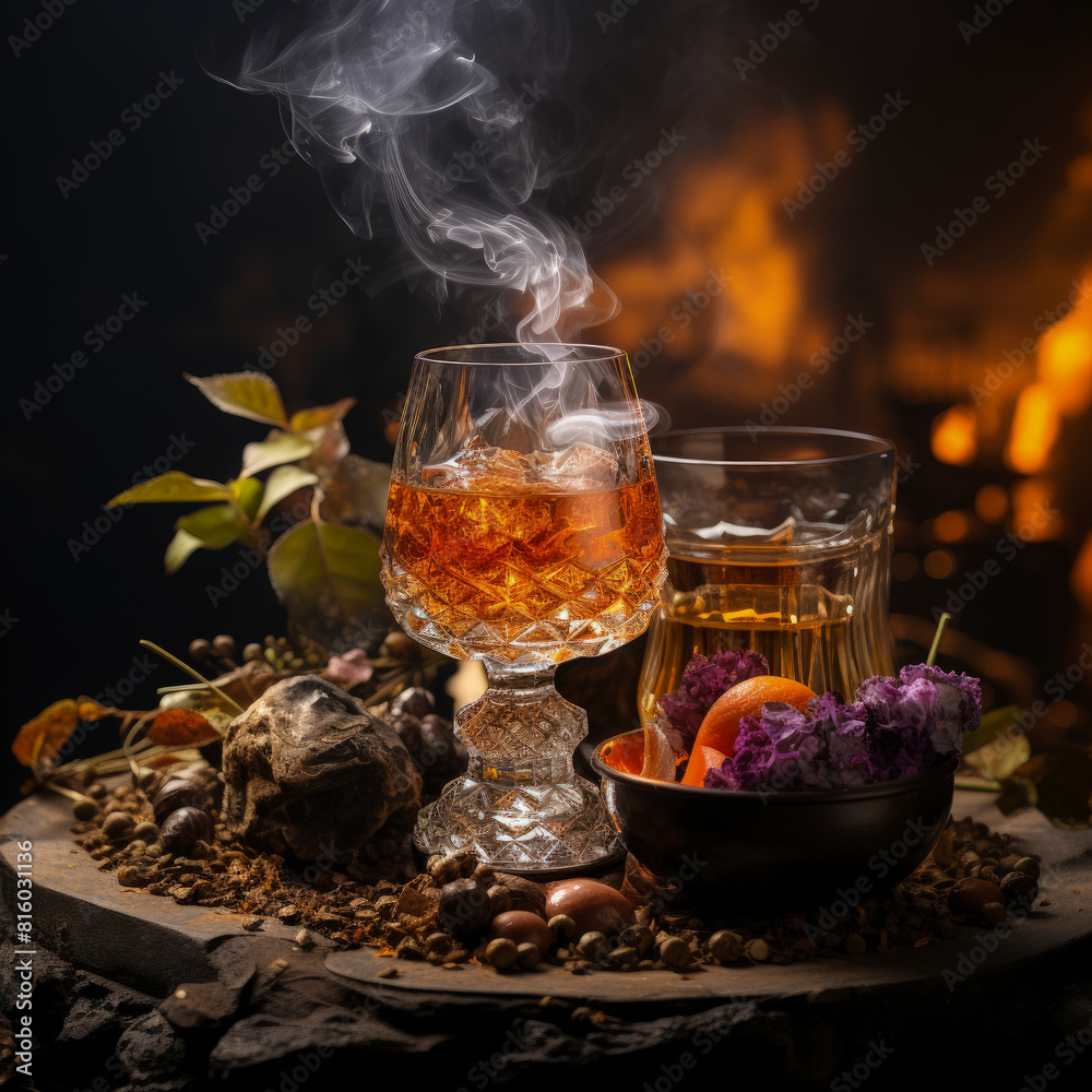 Fototapeta premium Luxurious Brandy with Smoke and Floral Accents - Exquisite Beverage Presentation Ai Generated