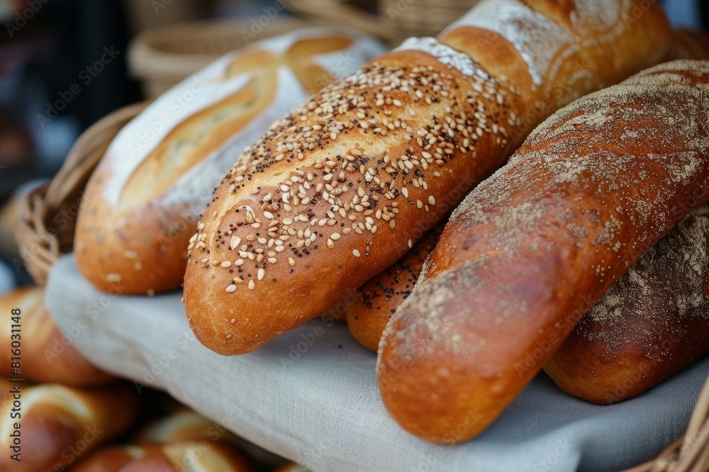 Freshly baked artisan breads with seeds and crusty surface, presented in a wicker basket Freshly baked artisan breads with seeds and crusty surface, presented in a wicker basket