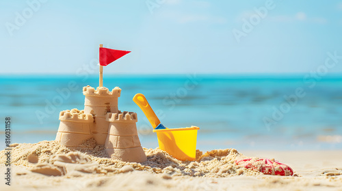 A simple, small sand castle is shown in the foreground with a blue sea background. The sand castle has a flag toy and bucket placed near it on the sunny beach day