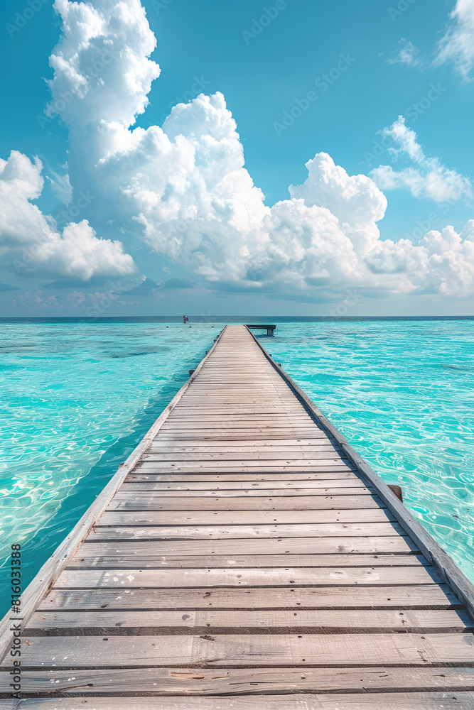 Fototapeta premium wooden beach pier leading into turquoise water of the maldives