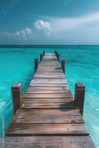 wooden beach pier leading into turquoise water of the maldives