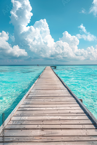 wooden beach pier leading into turquoise water of the maldives