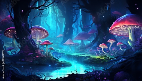 Mystic forest at night, glowing mushrooms and ethereal fairies, fantasy style, vibrant watercolor