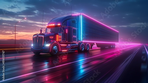 Futuristic semi truck gliding on a neon lit highway at night enveloped in a dynamic chromatic atmosphere of light and motion