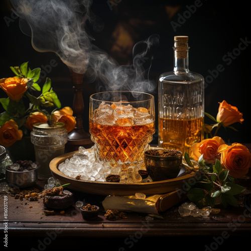 Luxurious Brandy with Smoke and Orange Roses - Elegant Beverage Presentation Ai Generated