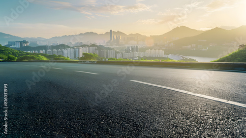 Fototapeta Naklejka Na Ścianę i Meble -  Asphalt road and green mountains with city skyline landscape at sunrise high angle view : Generative AI