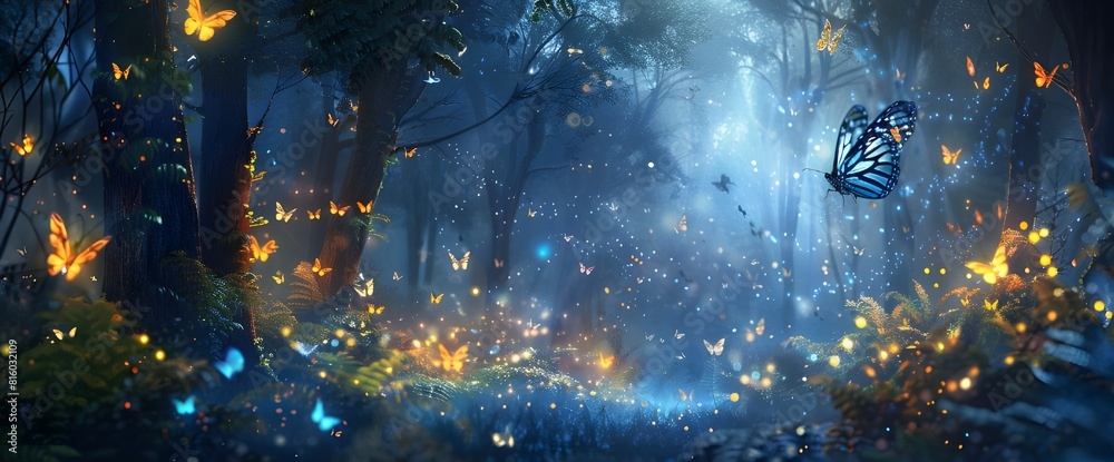 calm night forest firefly and butterfly Sending sparkling light, fantasy, beauty.Generative AI calm night forest firefly and butterfly Sending sparkling light, fantasy, beauty.Generative AI