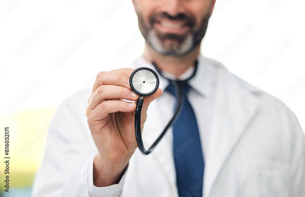 Hospital, doctor or man in portrait with stethoscope for blood pressure, heart rate and health results. Medical, male employee and tool to monitor patient, hearing and listening to sound in clinic Hospital, doctor or man in portrait with stethoscope for blood pressure, heart rate and health results. Medical, male employee and tool to monitor patient, hearing and listening to sound in clinic