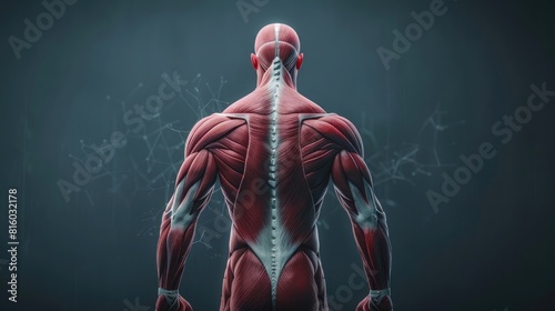 3D rendered illustration of the human muscle system on the back in a frontal view on a dark background photo
