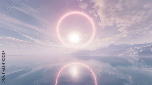Craft a mesmerizing 3D rendering of a vibrant pink halo hovering in the heavens, casting a soft, ethereal glow over the tranquil surface.Ideal for adding text. 