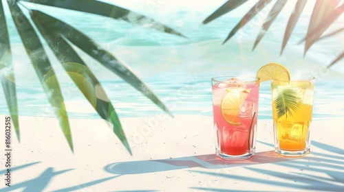 tropical beach cocktails on white sand with palm leaf shadows ai generated concept illustration