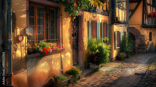 Fototapeta Naklejka Na Ścianę i Meble -  Scenic street in Riquewihr know for vine etc One of the most beautiful villages in Alsace France Traditional old and colourful houses and flowers on a windowsill : Generative AI