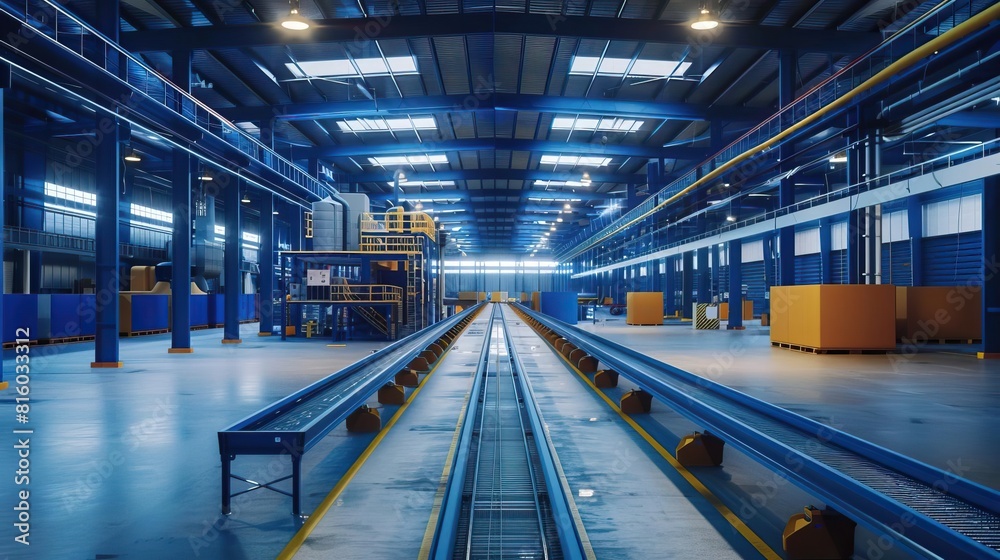 Cinematic view of a contemporary industrial factory with blue steel machinery and automated conveyor systems for manufacturing Cinematic view of a contemporary industrial factory with blue steel machinery and automated conveyor systems for manufacturing