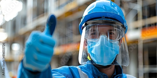 Foreman in Personal Protective Equipment (PPE) giving thumbs up at construction site as a safety measure. Concept Construction Safety, Foreman in PPE, Construction Site, Thumbs Up Gesture photo