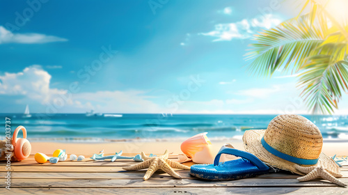 A summer background with beach accessories and flipflops on a wooden floor. A view of the sea, a palm tree, a blue sky and sunshine