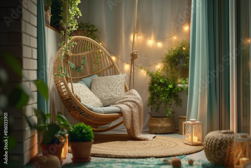 interior of a room, A cozy boho-style balcony interior design invites relaxation with a swinging chair, natural decorations, and potted green plants