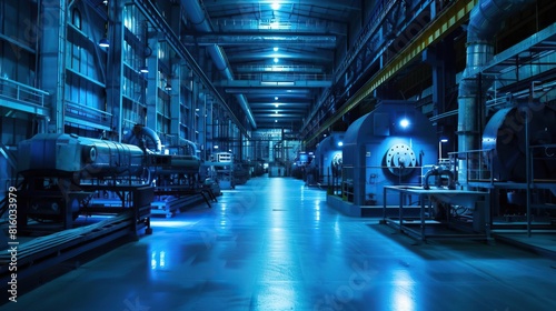 Empty factory floor with idle machinery during a shutdown from front view Silent blue steel machines waiting for operation