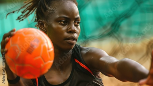 Black woman practicing handball sport, person is focused and enjoying the sport, sports photography, generative ai.