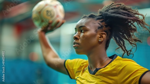 Black woman practicing handball sport, person is focused and enjoying the sport, sports photography, generative ai.
