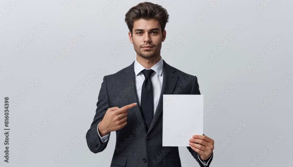 A man in a stylish suit holds a blank sheet of white paper in his hand to write down important information. A man in a stylish suit holds a blank sheet of white paper in his hand to write down important information.