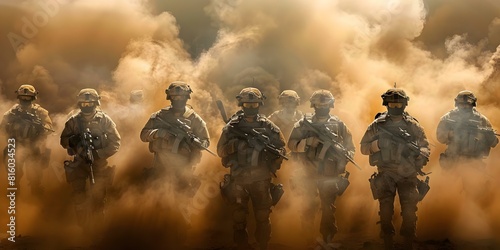 Modern soldiers in dusty warzone fully equipped facing camera in military formation. Concept Military Action, Warzone Photoshoot, Soldier Portraits, Modern Warfare, Tactical Poses photo