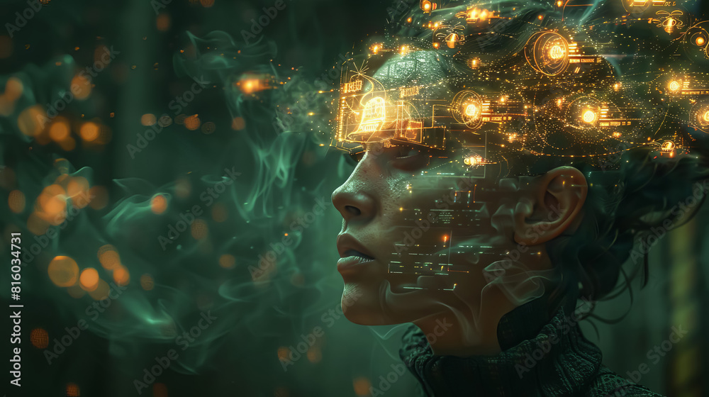 Obraz premium Lightbulb moment visualized with glowing ideas bursting from a persons head