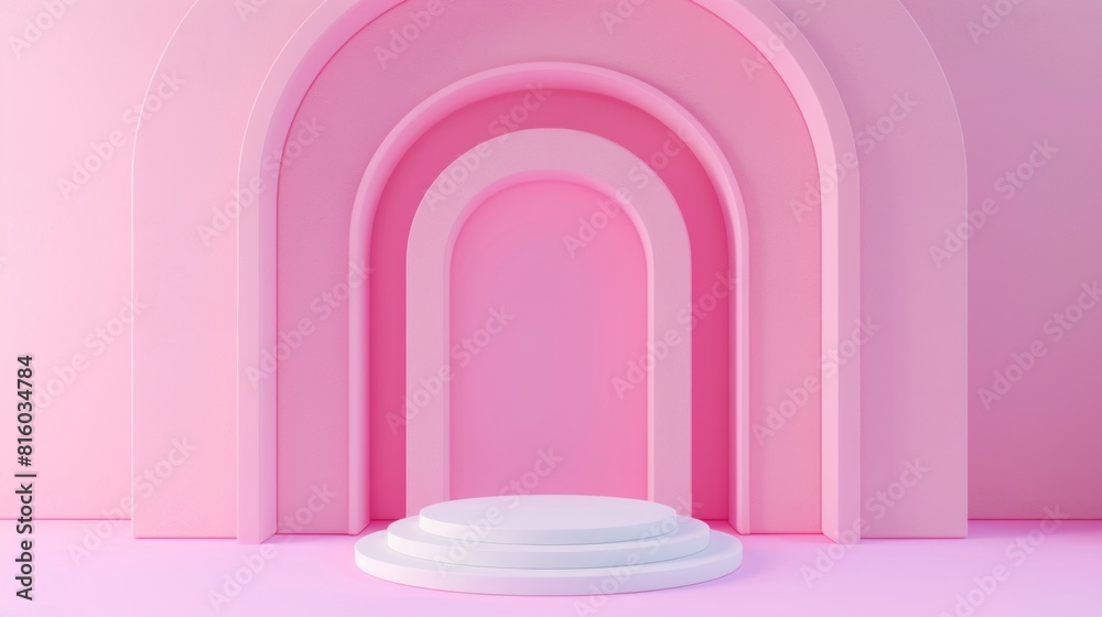 Obraz premium A minimalist stage design featuring a series of pink arches and a circular platform. The background is a soft pink gradient, creating a modern and elegant atmosphere