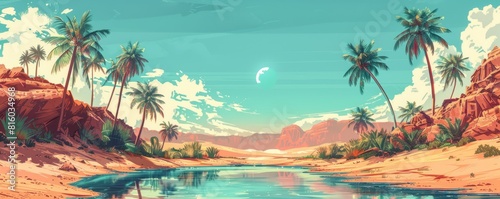 A post-apocalyptic desert oasis  where verdant palm trees and shimmering pools of water provide a stark contrast to the arid wasteland that surrounds them.   illustration.
