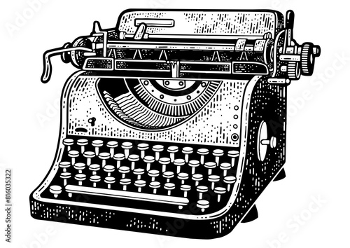 typewriter sketch engraving PNG illustration. T-shirt apparel print design. Scratch board imitation. Black and white hand drawn image.