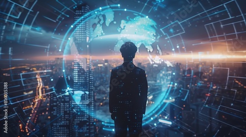Businessman presenting futuristic business world metaverse graphic. In the form of innovation in digital business processing technology, innovation of the 21st century