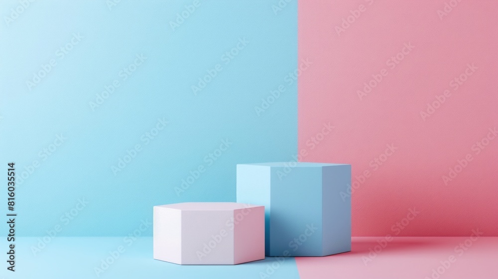 Two geometric shapes, a hexagon and a cube, placed on a two-tone background with blue and pink colors Two geometric shapes, a hexagon and a cube, placed on a two-tone background with blue and pink colors
