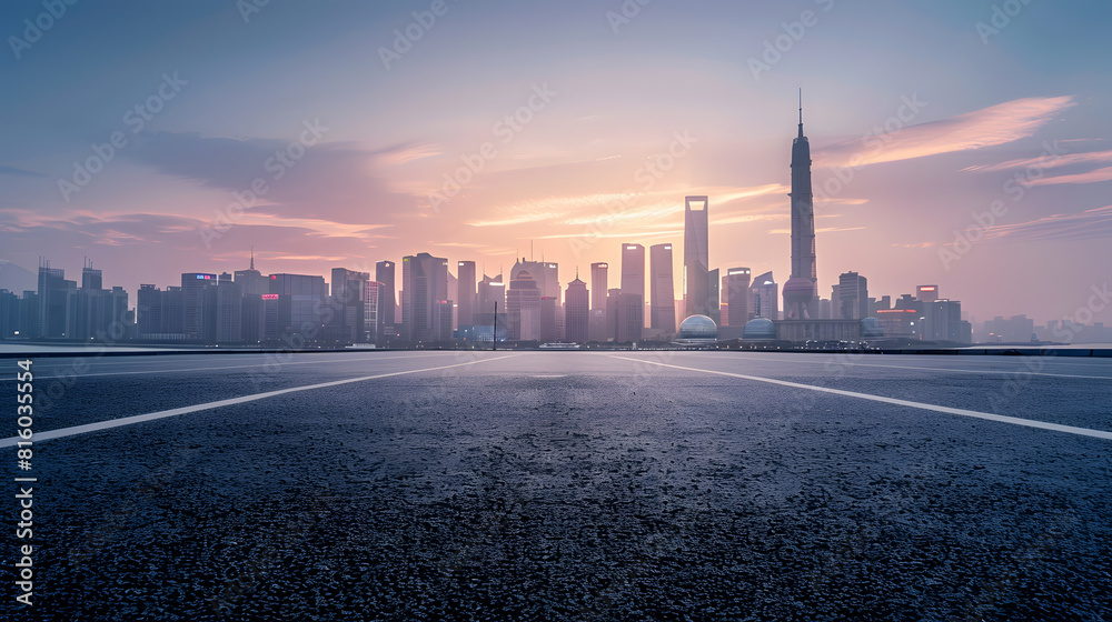 Empty asphalt road and modern city skyline with buildings in Hangzhou at sunset China : Generative AI