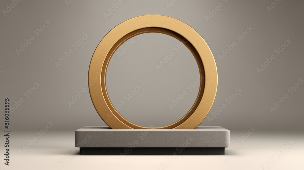 A golden ring displayed on a gray pedestal against a neutral background. The ring is perfectly circular and has a smooth, polished surface A golden ring displayed on a gray pedestal against a neutral background. The ring is perfectly circular and has a smooth, polished surface