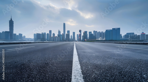 Empty asphalt road and city skyline with modern buildings scenery in Hangzhou China : Generative AI