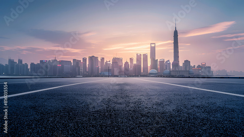 Empty asphalt road and modern city skyline with buildings in Hangzhou at sunset China : Generative AI photo
