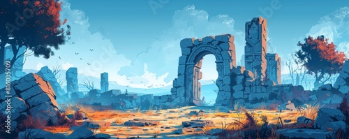 A mystical realm of ancient ruins and forgotten tombs, where the echoes of a bygone era still linger in the air. illustration.