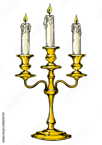 Vintage candelabrum with candles color sketch engraving PNG illustration. T-shirt apparel print design. Scratch board imitation. Black and white hand drawn image. photo