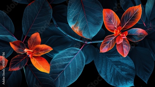 Flowers neon blue and red silhouettes on black background, blooming plants in style of heat map, AI generated image