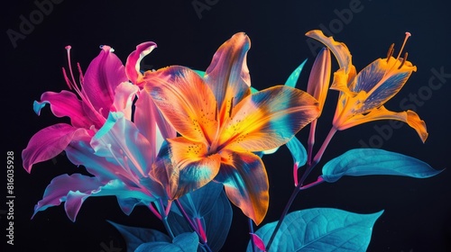 Flowers neon blue and red silhouettes on black background, blooming plants in style of heat map, AI generated image